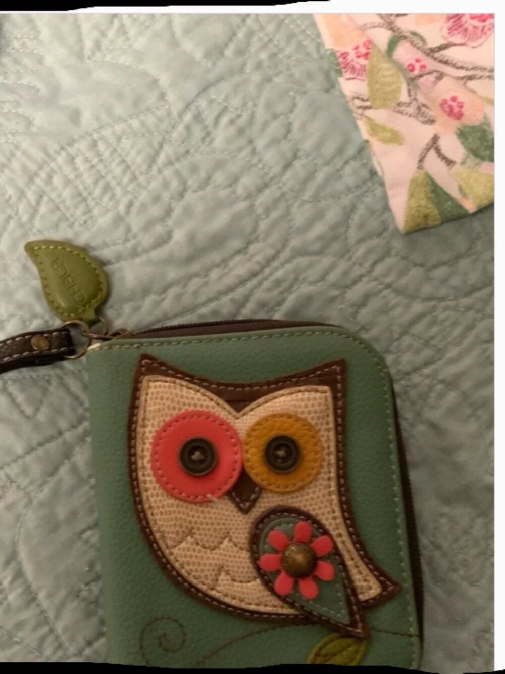 Chala Teal Owl Zip Wallet – Multicolor Appliqué – Vegan Leather – EUC